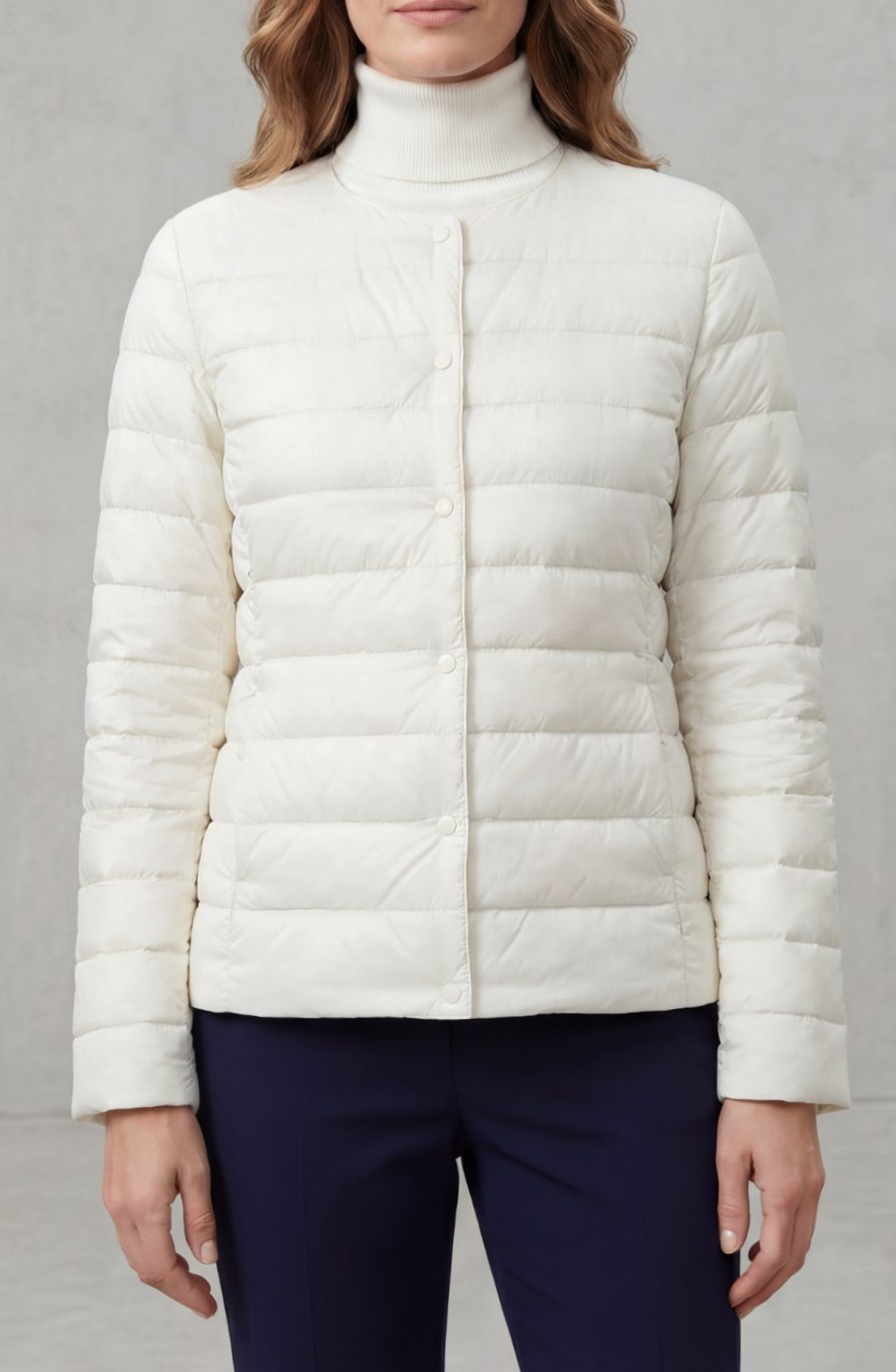 Women's Lightweight Quilted Padded Jacket Collarless Snap-Button - White