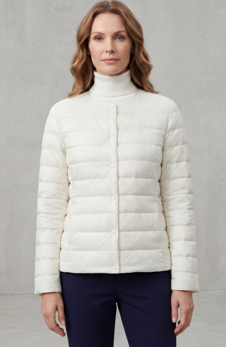 Women's Lightweight Quilted Padded Jacket Collarless Snap-Button