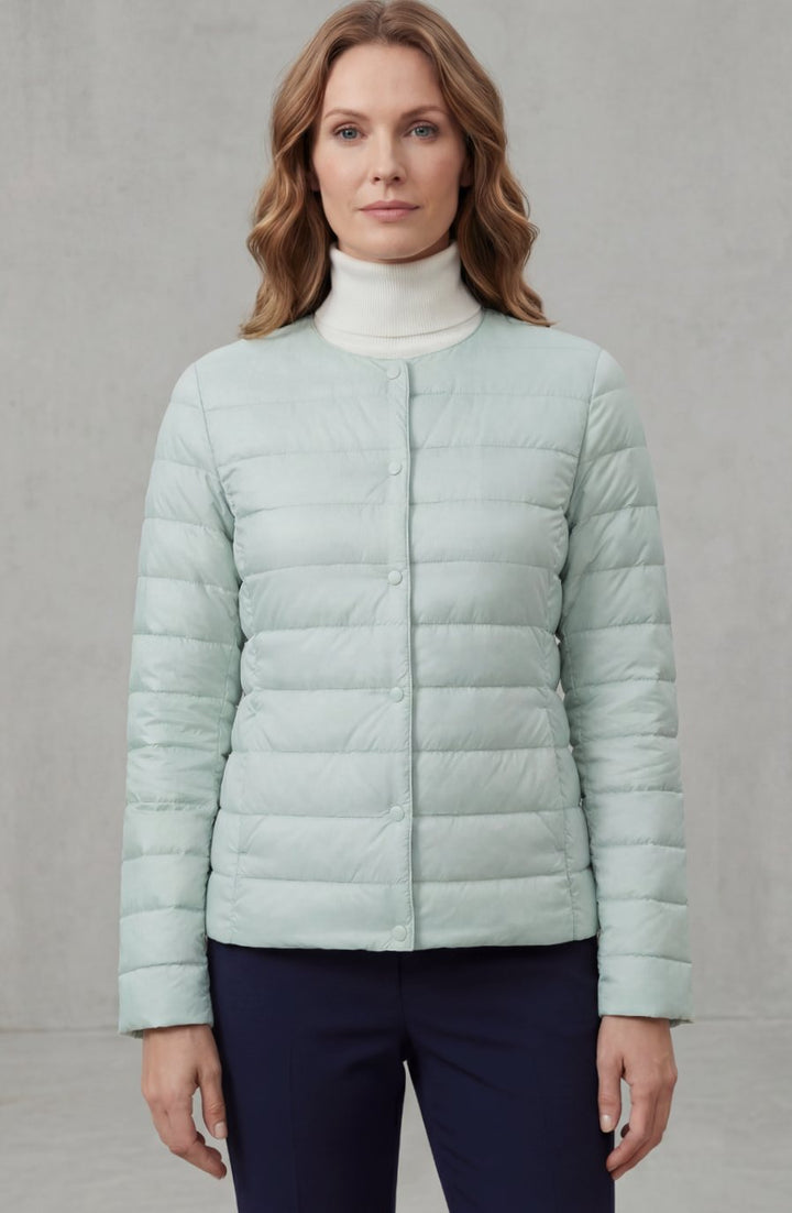 Women's Lightweight Quilted Padded Jacket Collarless Snap-Button