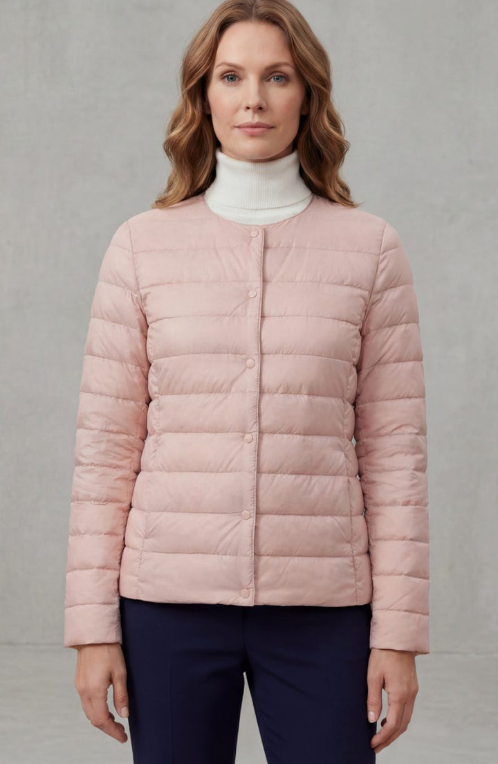 Women's Lightweight Quilted Padded Jacket Collarless Snap-Button