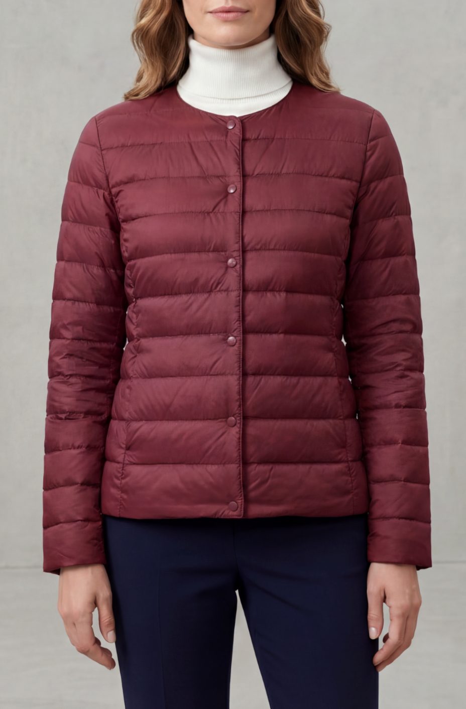 Women's Lightweight Quilted Padded Jacket Collarless Snap-Button - Burgundy