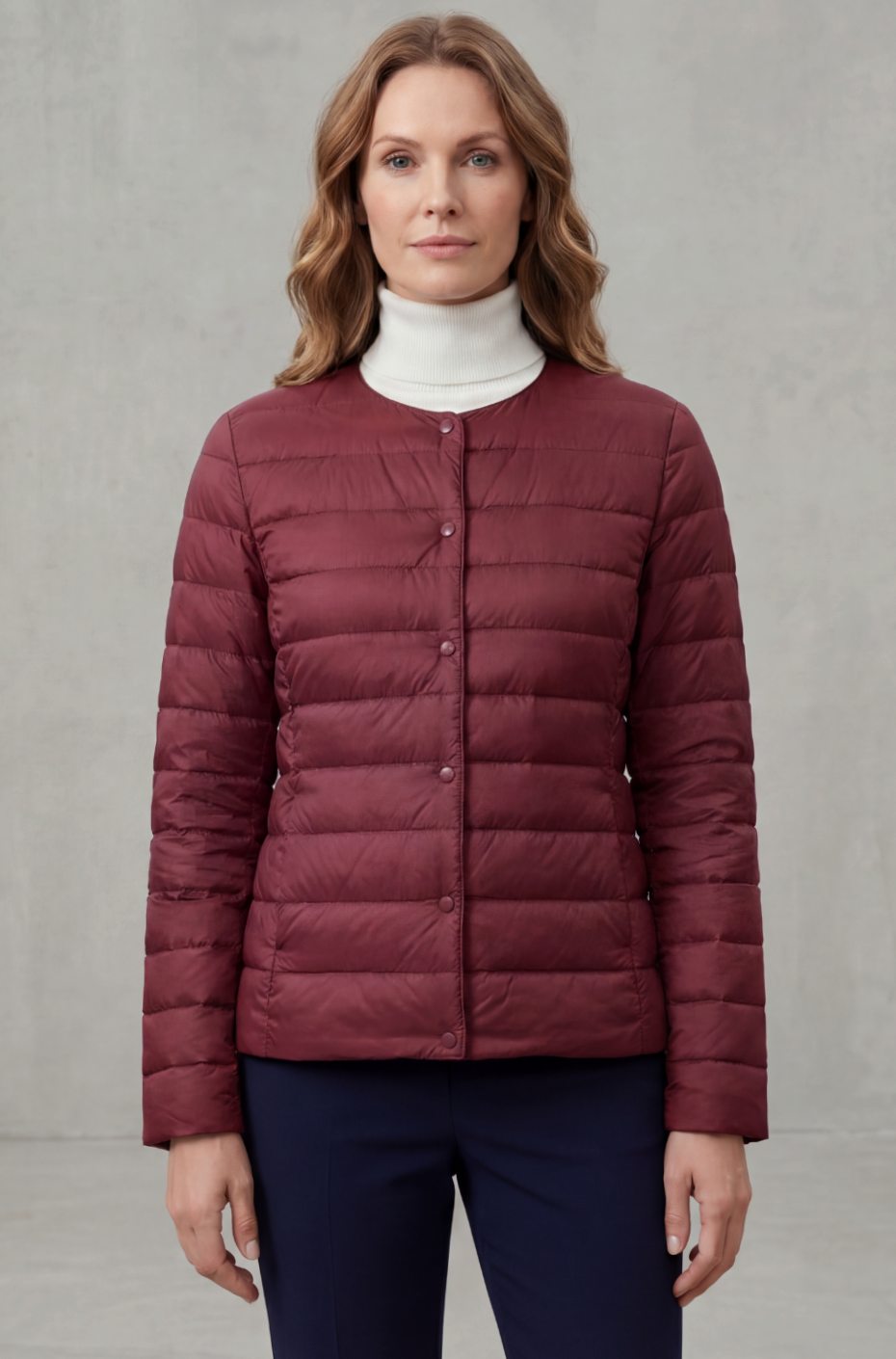 Women's Lightweight Quilted Padded Jacket Collarless Snap-Button