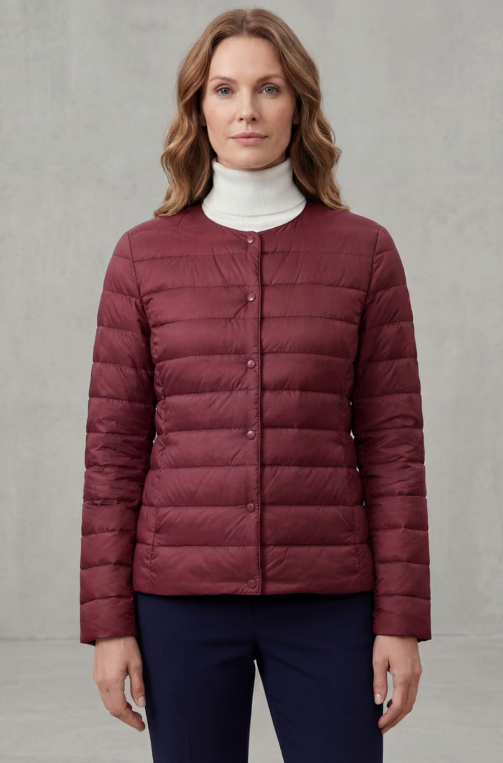 Women's Lightweight Quilted Padded Jacket Collarless Snap-Button