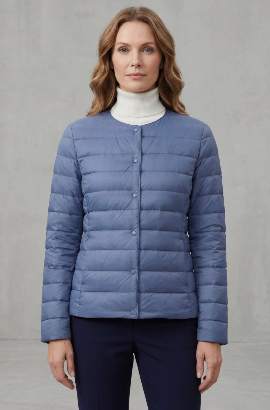 Women's Lightweight Quilted Padded Jacket Collarless Snap-Button