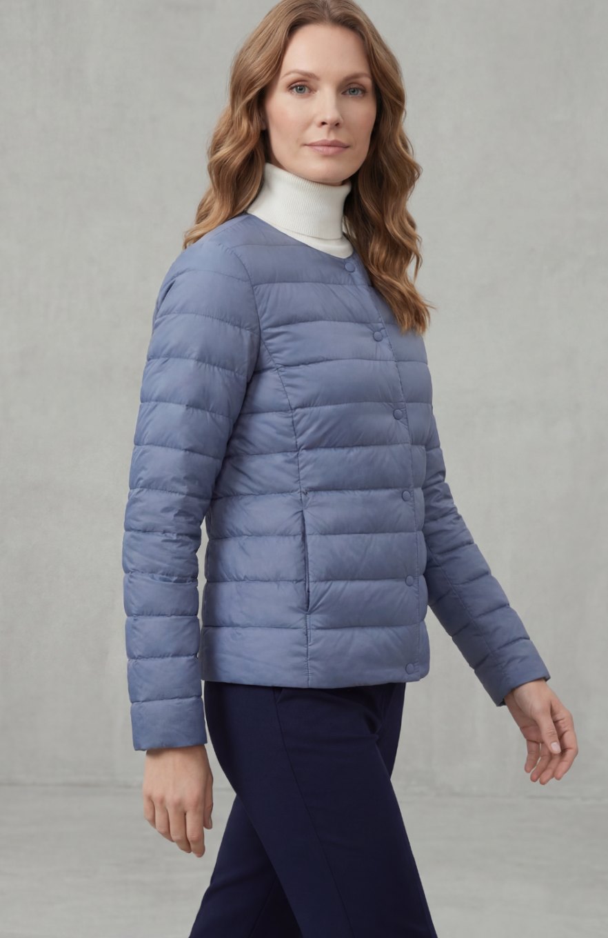 Women's Lightweight Quilted Padded Jacket Collarless Snap-Button