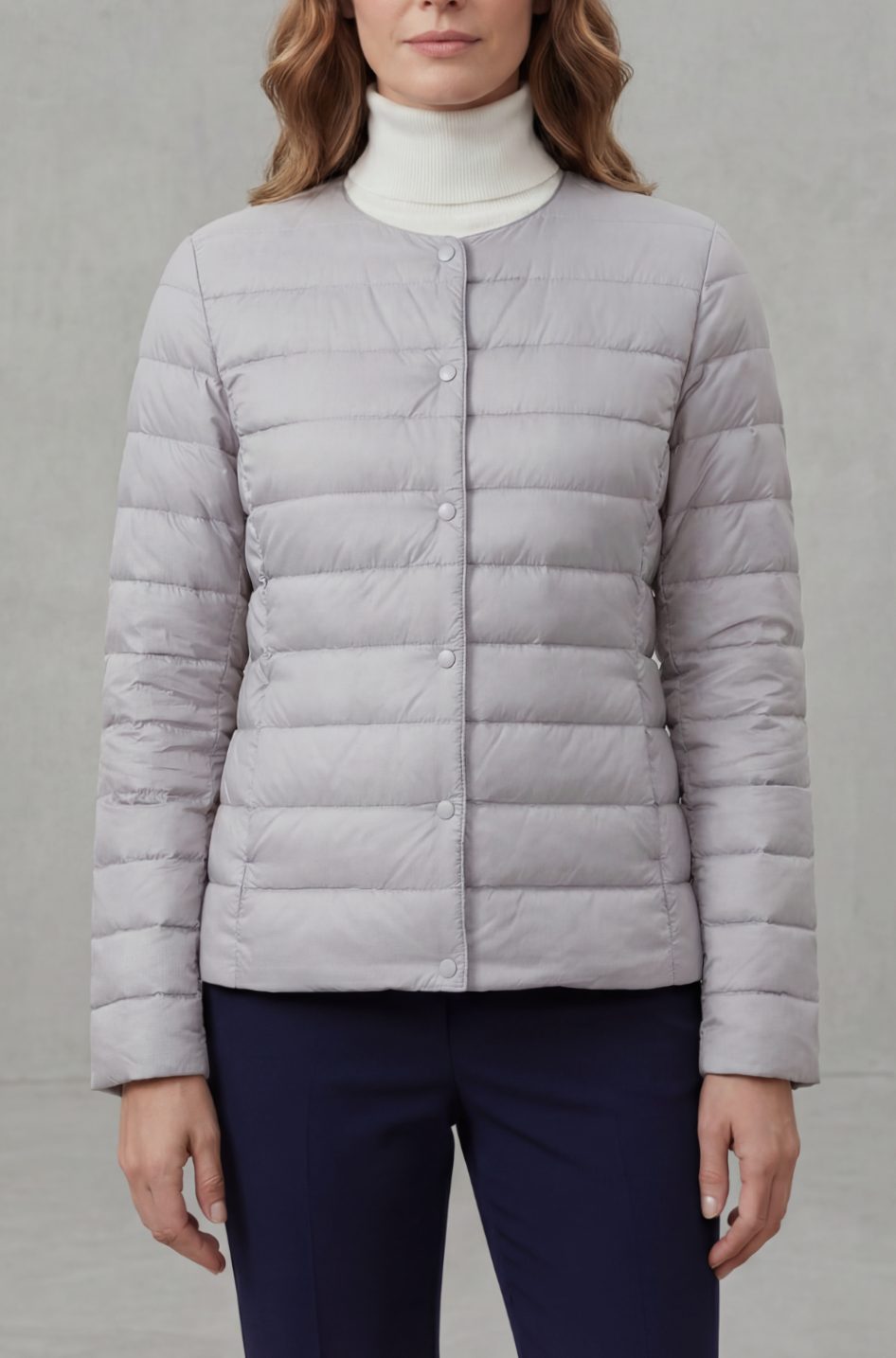 Women's Lightweight Quilted Padded Jacket Collarless Snap-Button - Light Grey