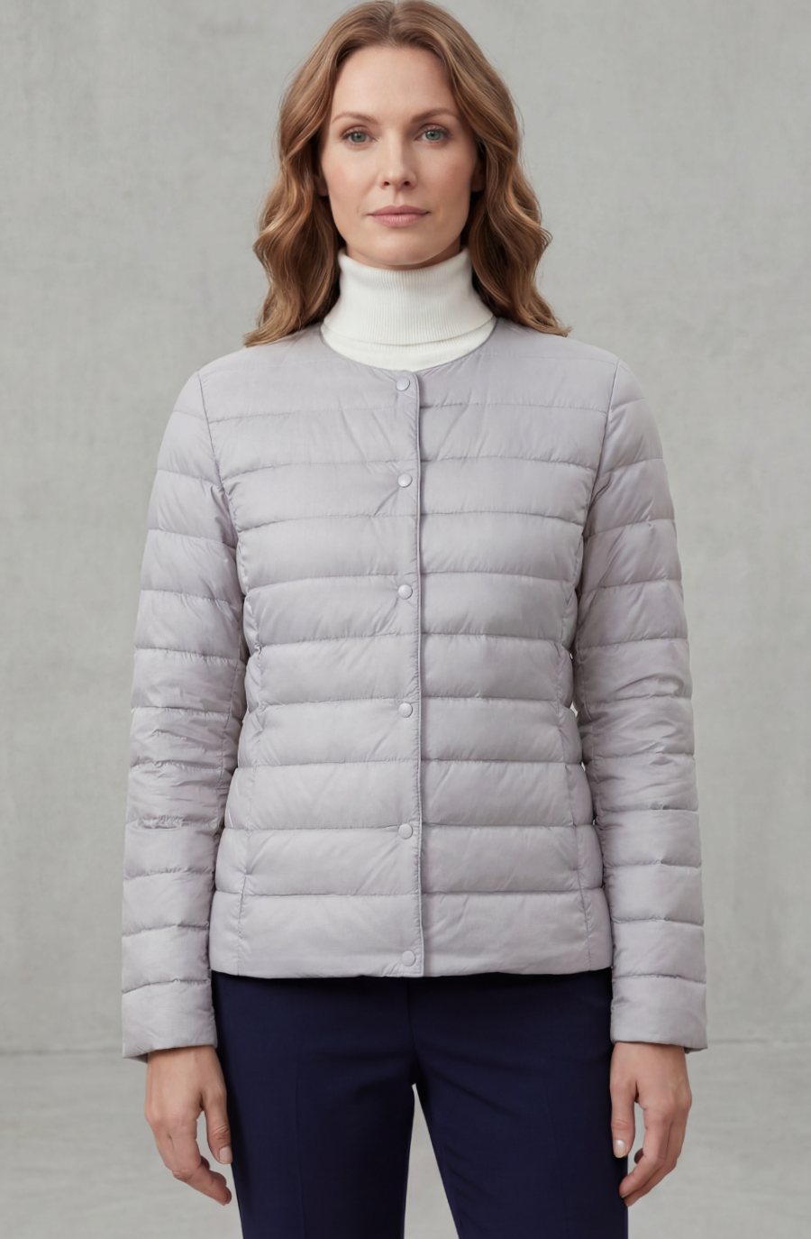 Women's Lightweight Quilted Padded Jacket Collarless Snap-Button