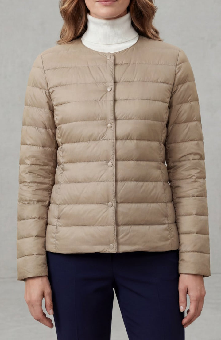 Women's Lightweight Quilted Padded Jacket Collarless Snap-Button - Khaki