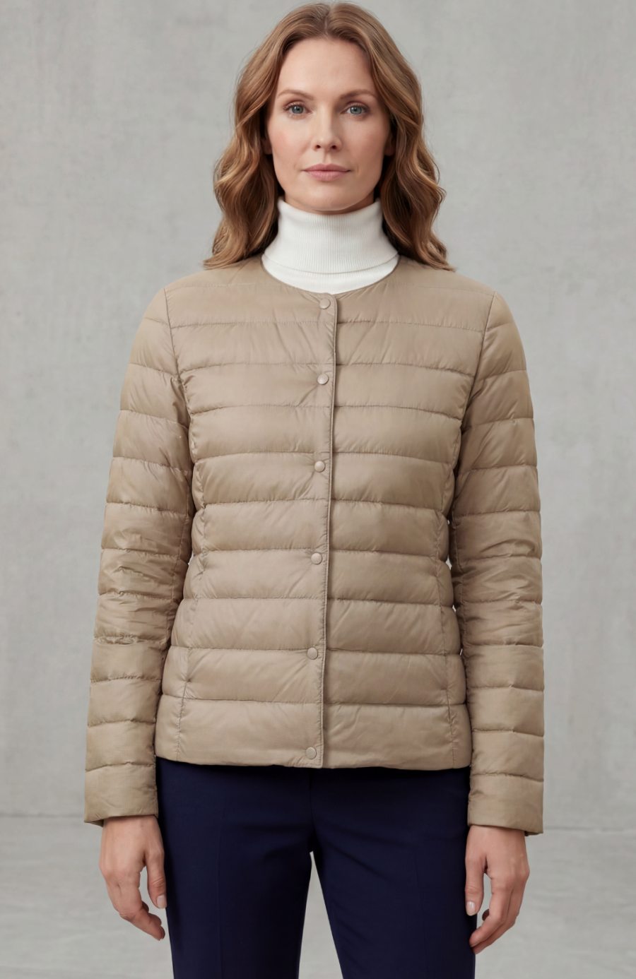 Women's Lightweight Quilted Padded Jacket Collarless Snap-Button