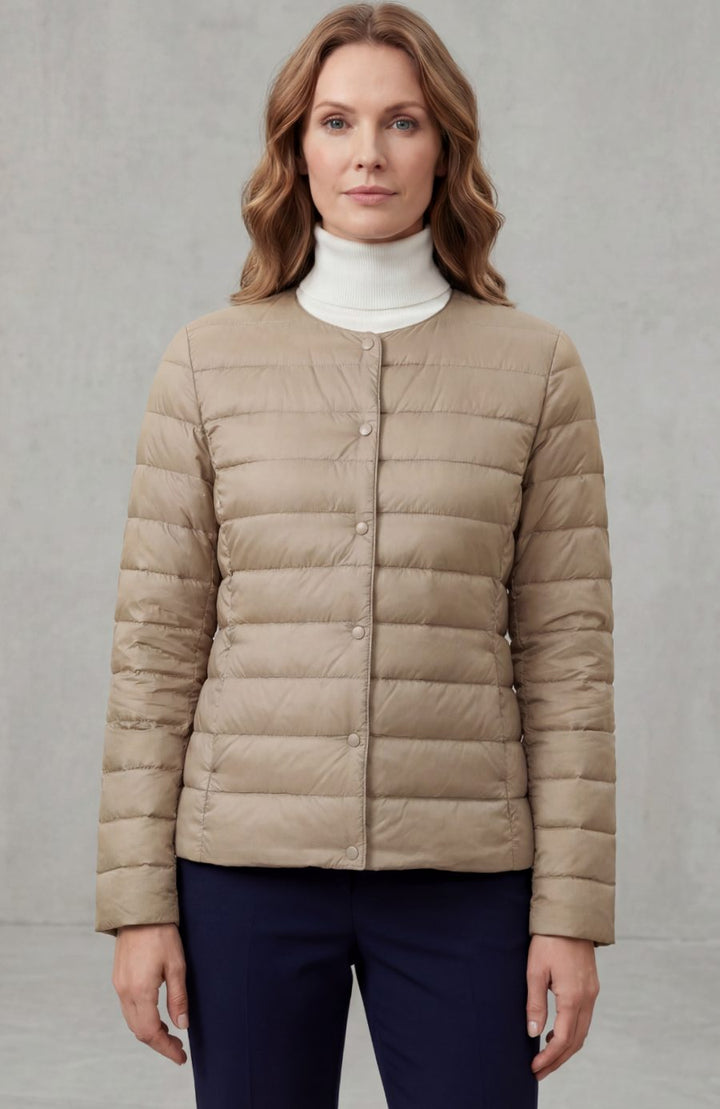 Women's Lightweight Quilted Padded Jacket Collarless Snap-Button