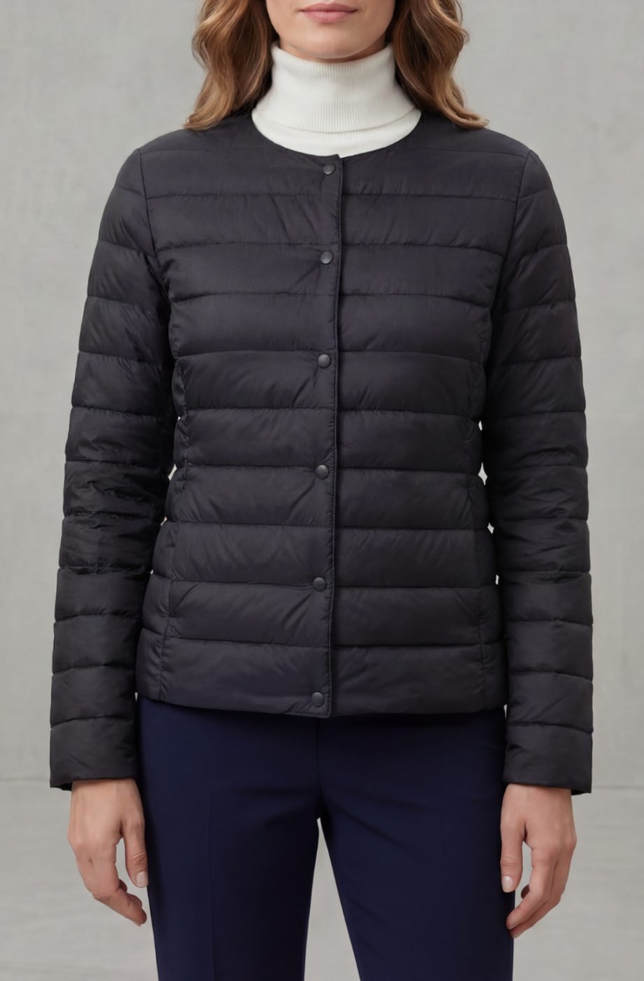 Women's Lightweight Quilted Padded Jacket Collarless Snap-Button - Black