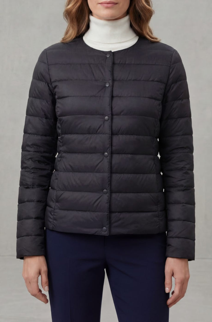 Women's Lightweight Quilted Padded Jacket Collarless Snap-Button - Black