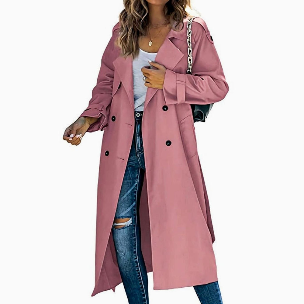 Women's Long Double-Breasted Belted Trench Coat - Pink