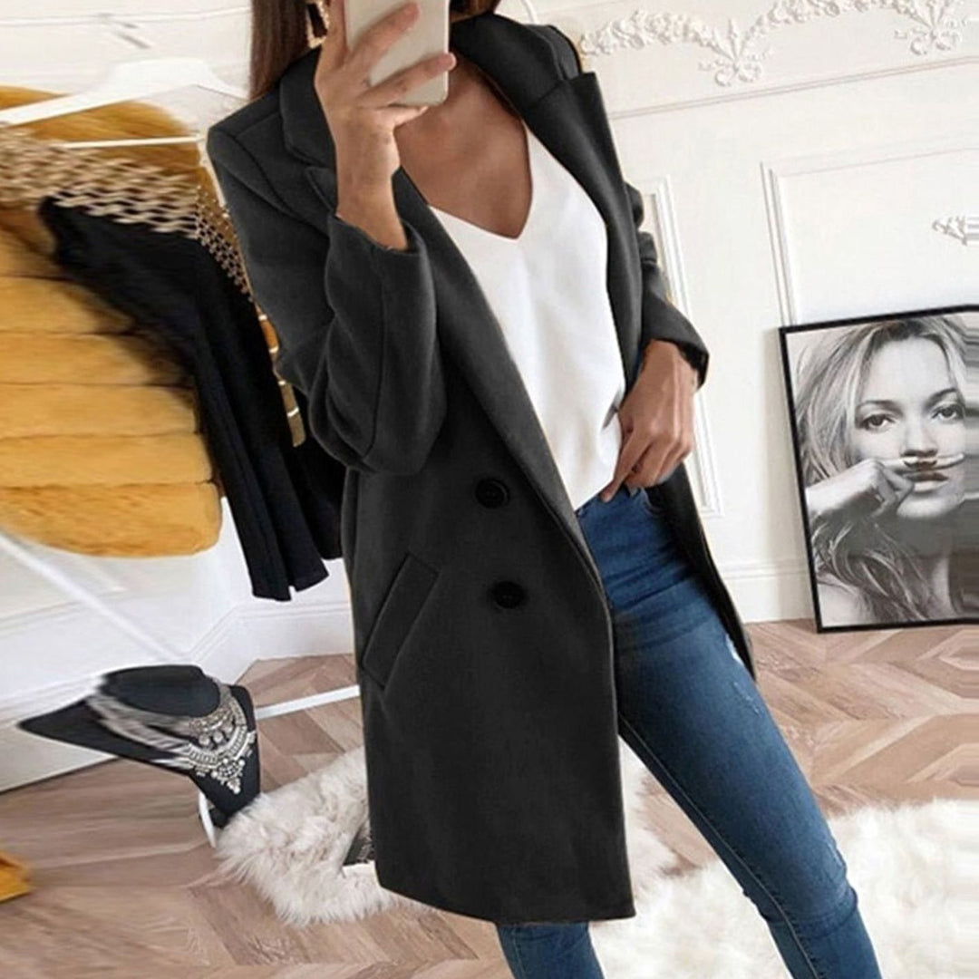 Women's Long Double-Breasted Blazer Coat Lapel Collar - Black