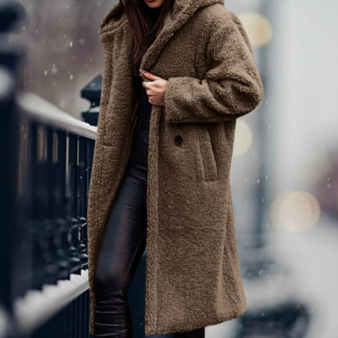 Women's Long Faux Sherpa Teddy Coat Lapel Open-Front Outerwear - Khaki