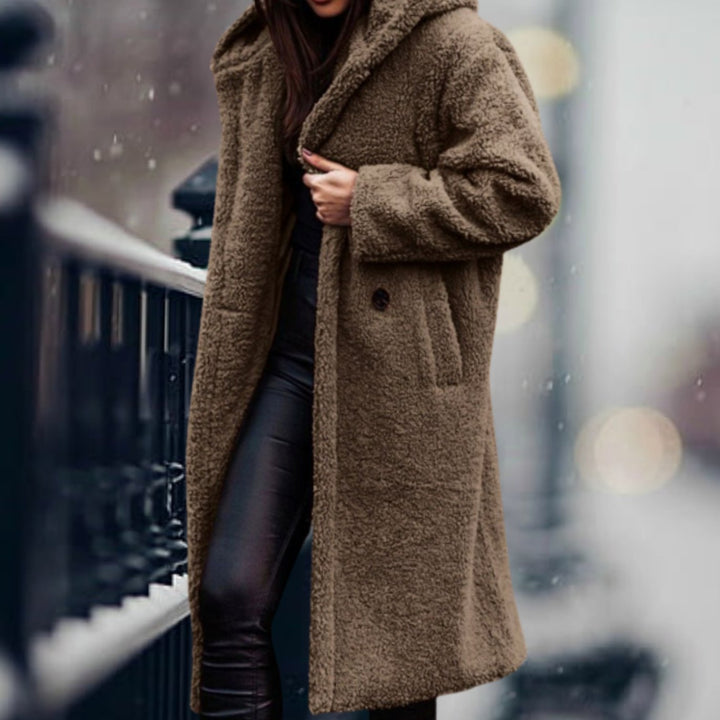 Women's Long Faux Sherpa Teddy Coat Lapel Open-Front Outerwear - Khaki