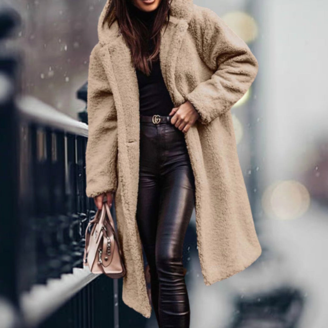 Women's Long Faux Sherpa Teddy Coat Lapel Open-Front Outerwear - Apricot