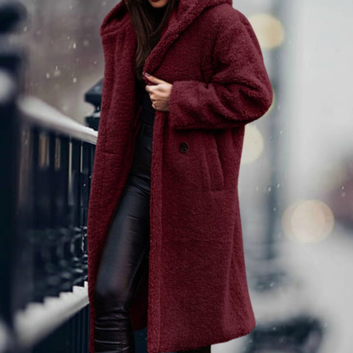 Women's Long Faux Sherpa Teddy Coat Lapel Open-Front Outerwear - Wine Red