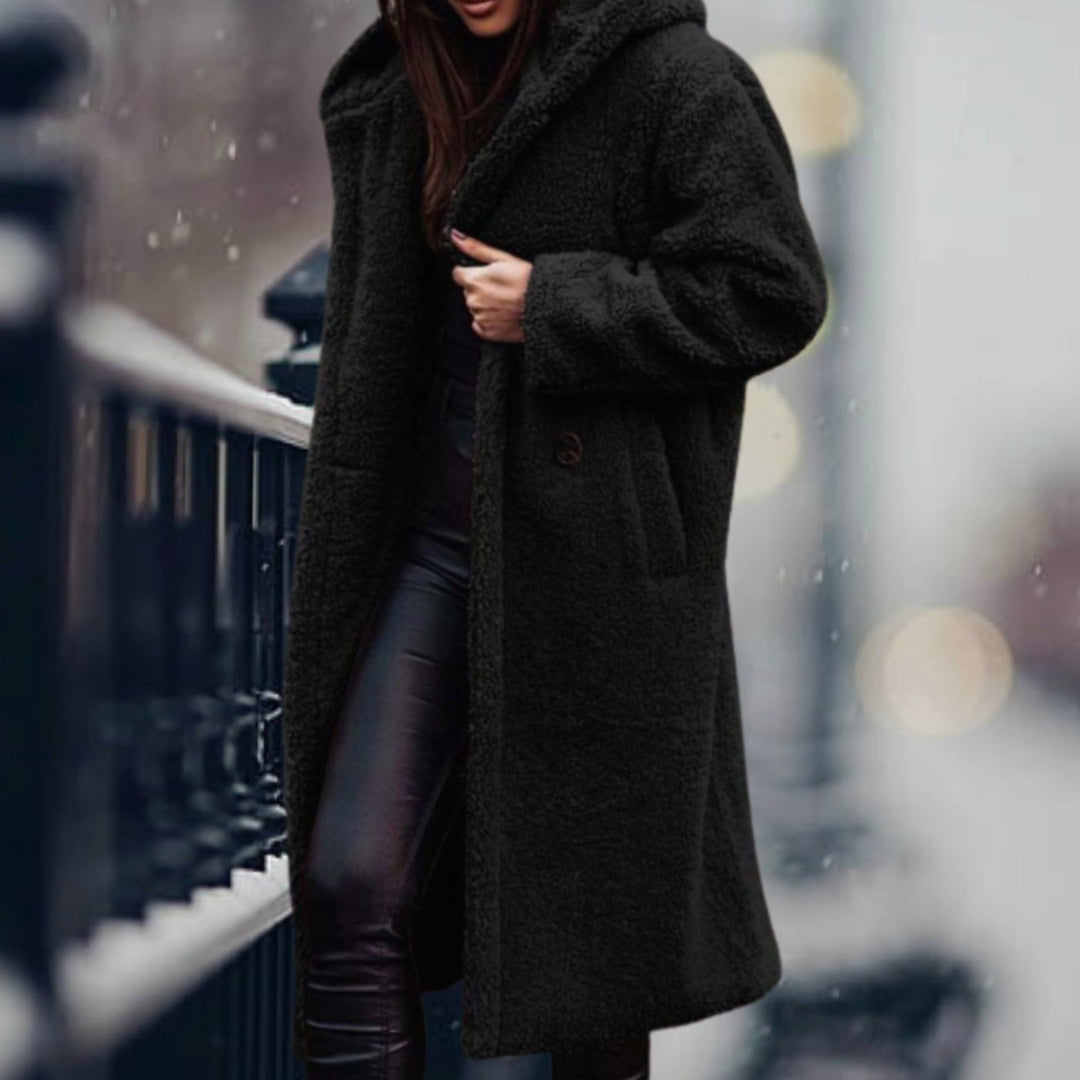 Women's Long Faux Sherpa Teddy Coat Lapel Open-Front Outerwear - Black