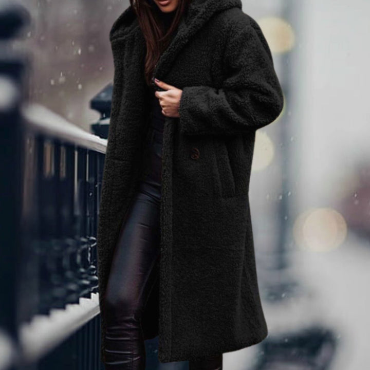 Women's Long Faux Sherpa Teddy Coat Lapel Open-Front Outerwear - Black