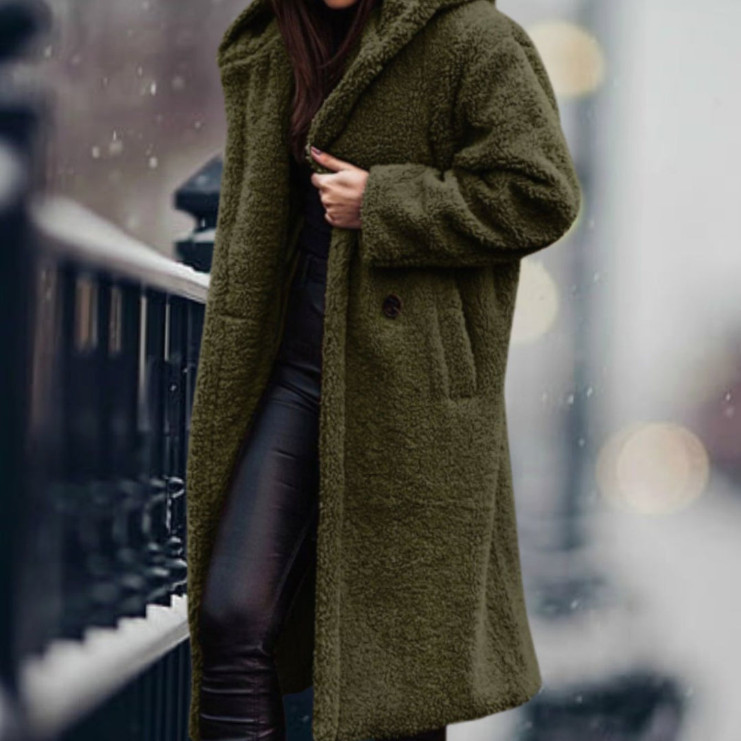 Women's Long Faux Sherpa Teddy Coat Lapel Open-Front Outerwear - Army Green