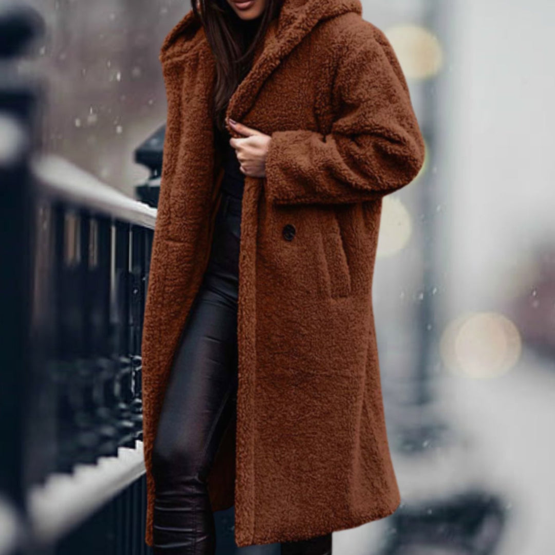 Women's Long Faux Sherpa Teddy Coat Lapel Open-Front Outerwear - Rust Brown