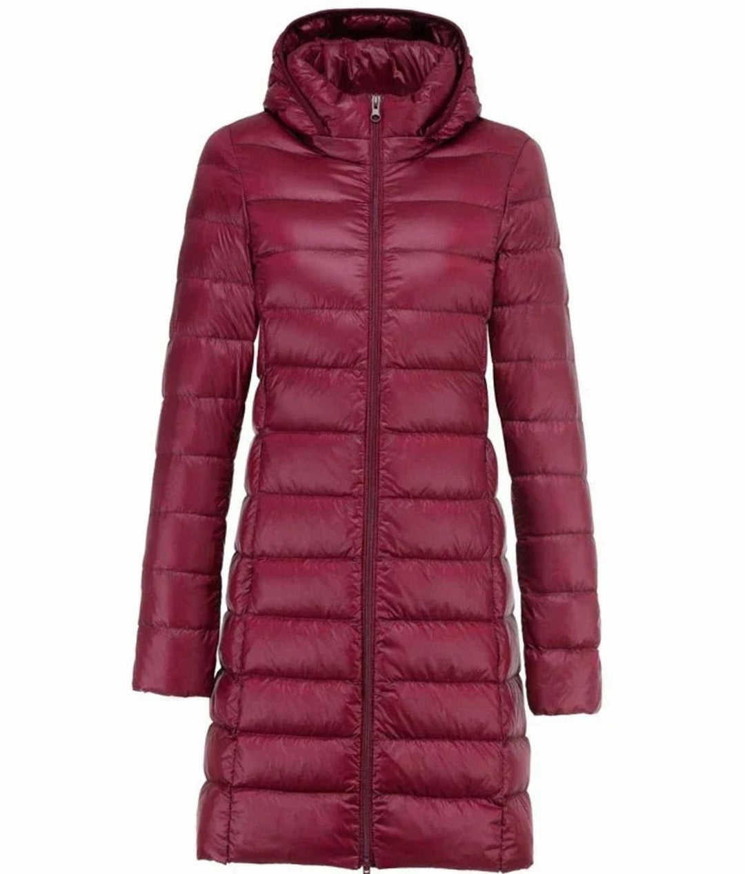 Women's Long Hooded Puffer Winter Coat Zip-Up Quilted - Burgundy