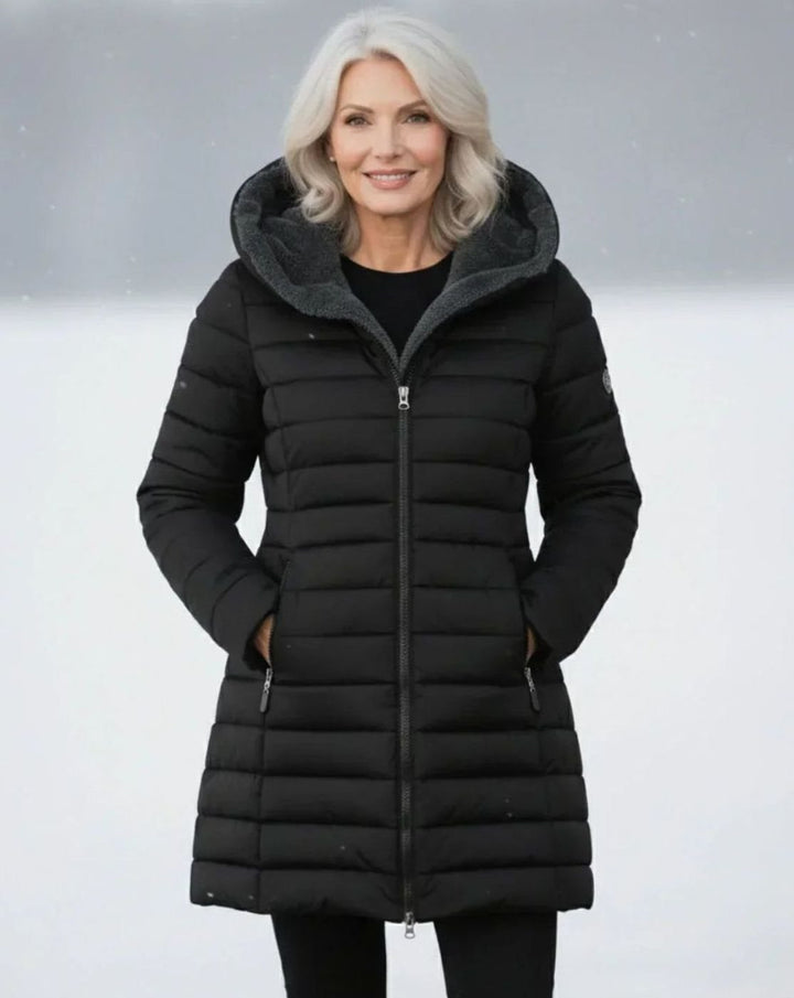 Women's Long Hooded Quilted Puffer Coat Fleece-Lined Winter Jacket - Black