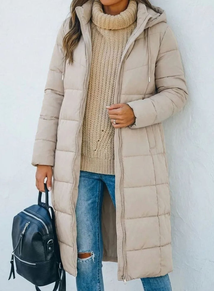 Women's Long Hooded Quilted Puffer Winter Coat - Beige