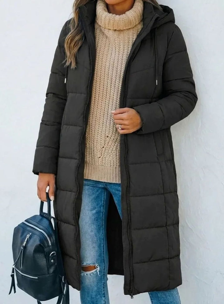 Women's Long Hooded Quilted Puffer Winter Coat - Black