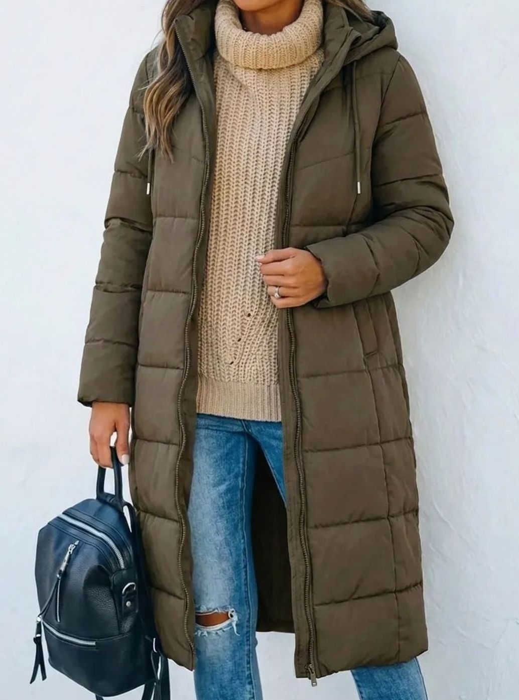 Women's Long Hooded Quilted Puffer Winter Coat - Olive Green