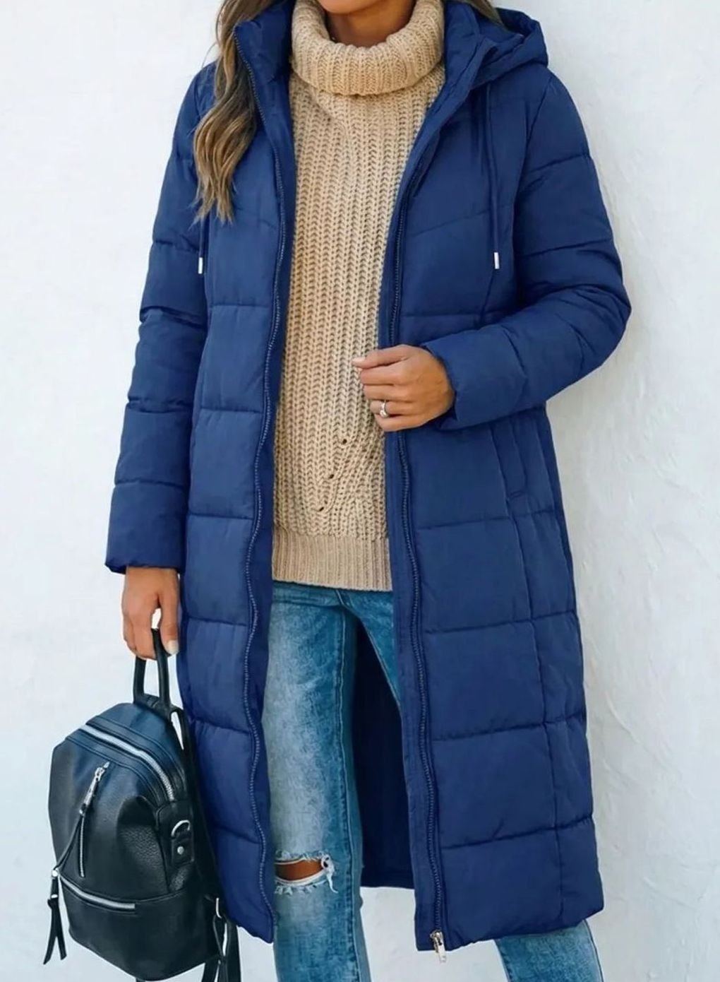 Women's Long Hooded Quilted Puffer Winter Coat - Blue
