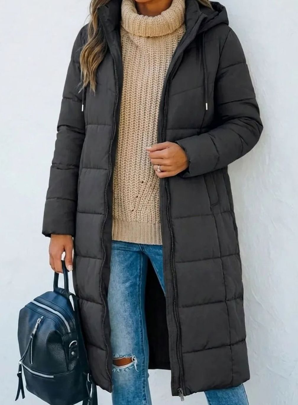 Women's Long Hooded Quilted Puffer Winter Coat - Dark Grey