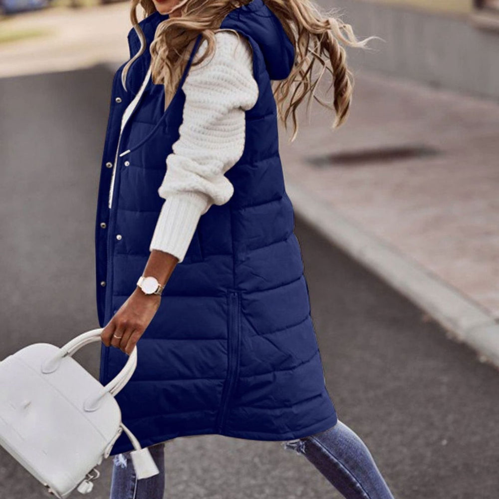Women's Long Hooded Quilted Sleeveless Puffer Gilet - Blue