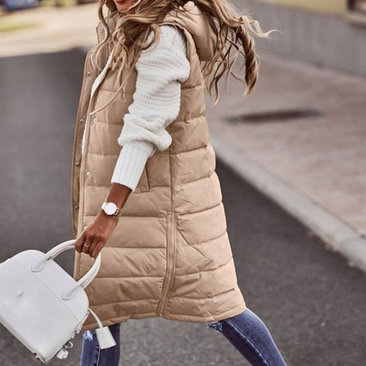 Women's Long Hooded Quilted Sleeveless Puffer Gilet - Khaki