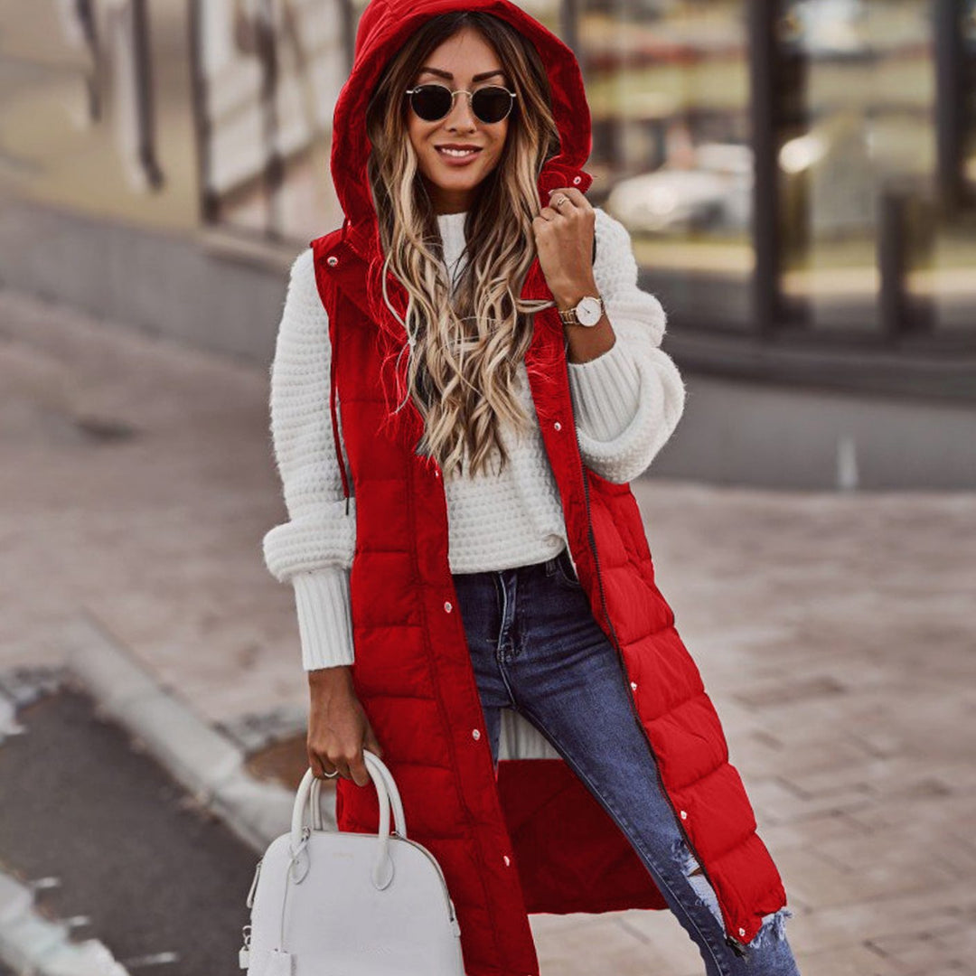Women's Long Hooded Quilted Sleeveless Puffer Gilet - Red