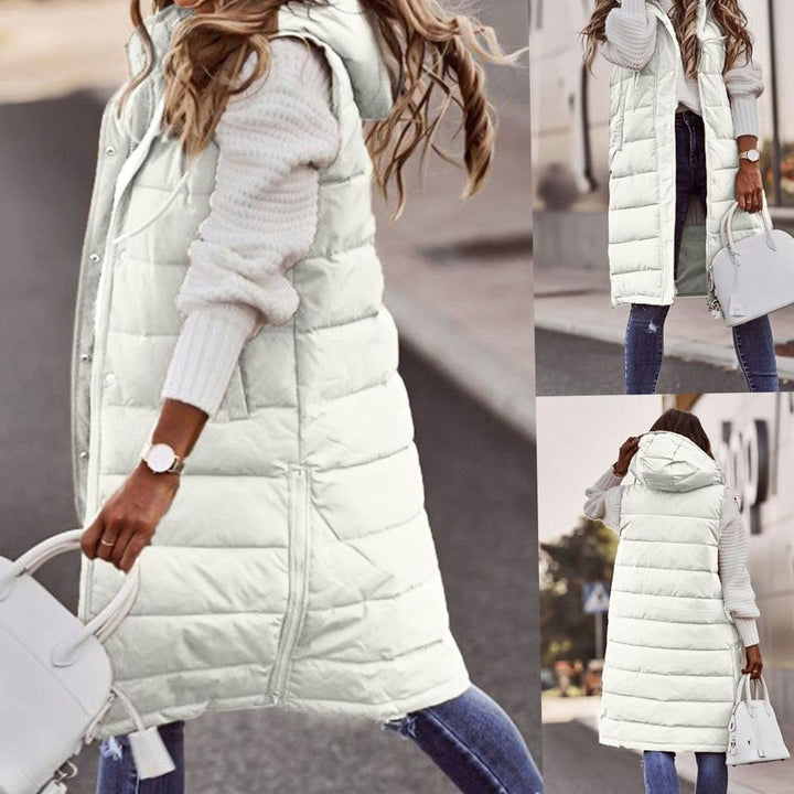 Women's Long Hooded Quilted Sleeveless Puffer Gilet - White
