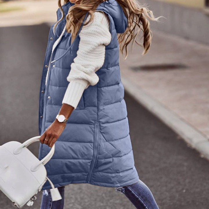 Women's Long Hooded Quilted Sleeveless Puffer Gilet - Navy Blue