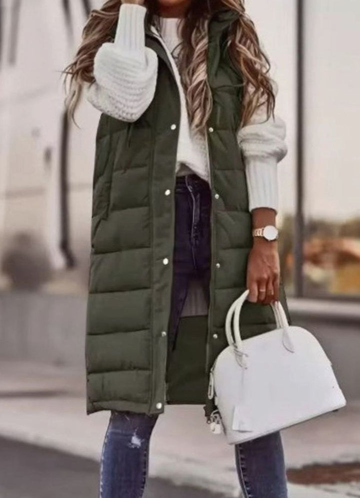Women's Long Hooded Quilted Sleeveless Puffer Gilet - Army Green