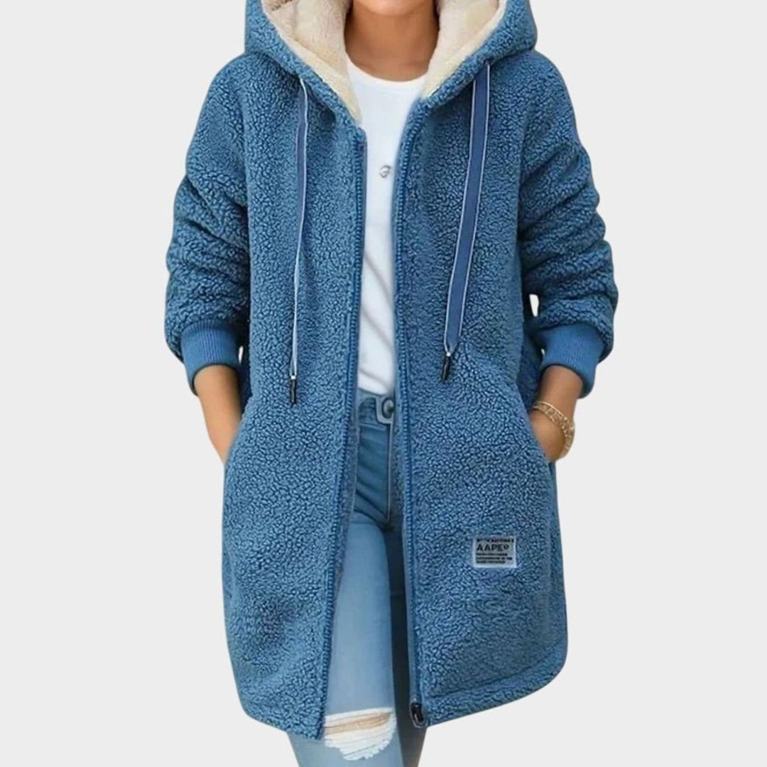 Women's Long Hooded Teddy Fleece Zip-Up Winter Coat - Blue