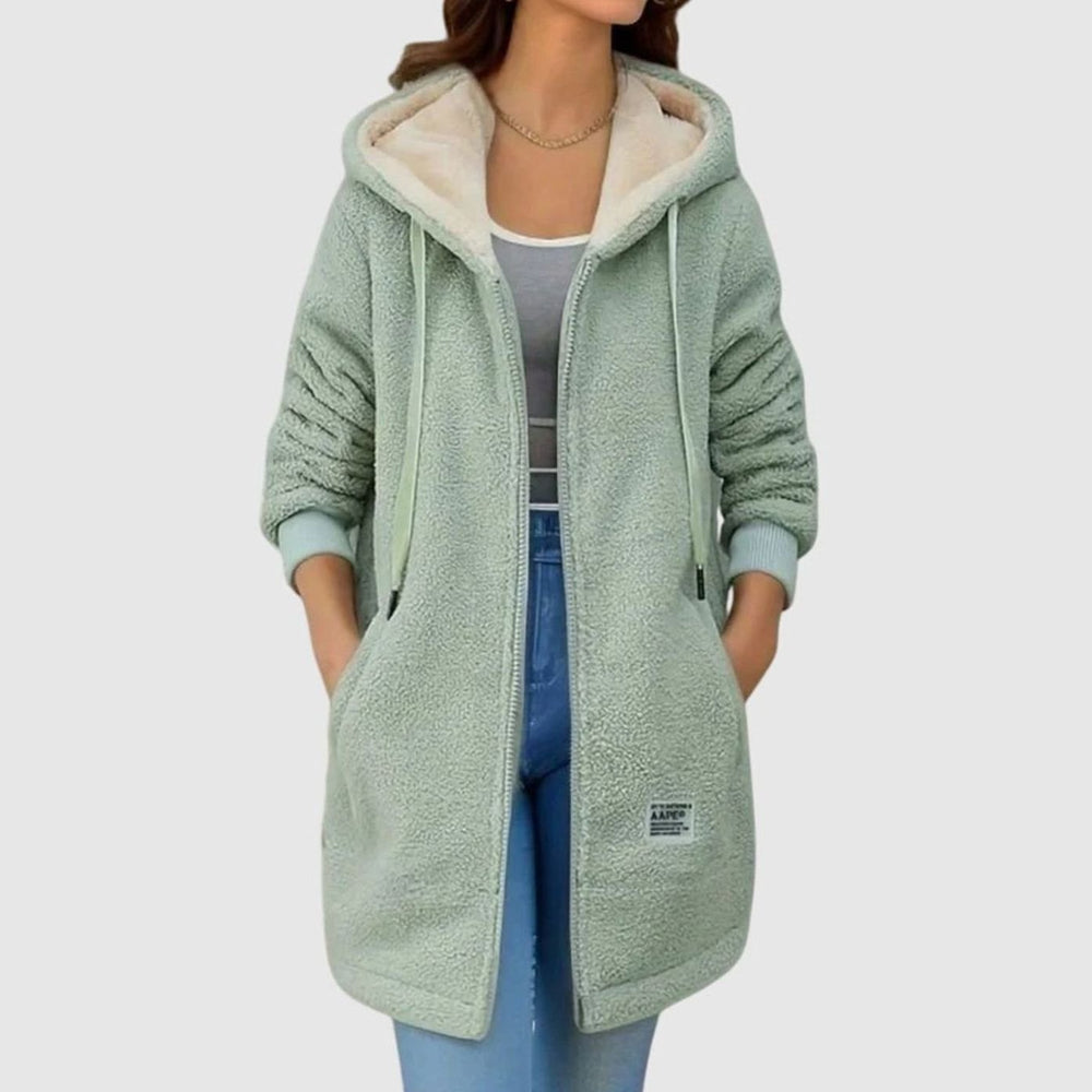 Women's Long Hooded Teddy Fleece Zip-Up Winter Coat - Green