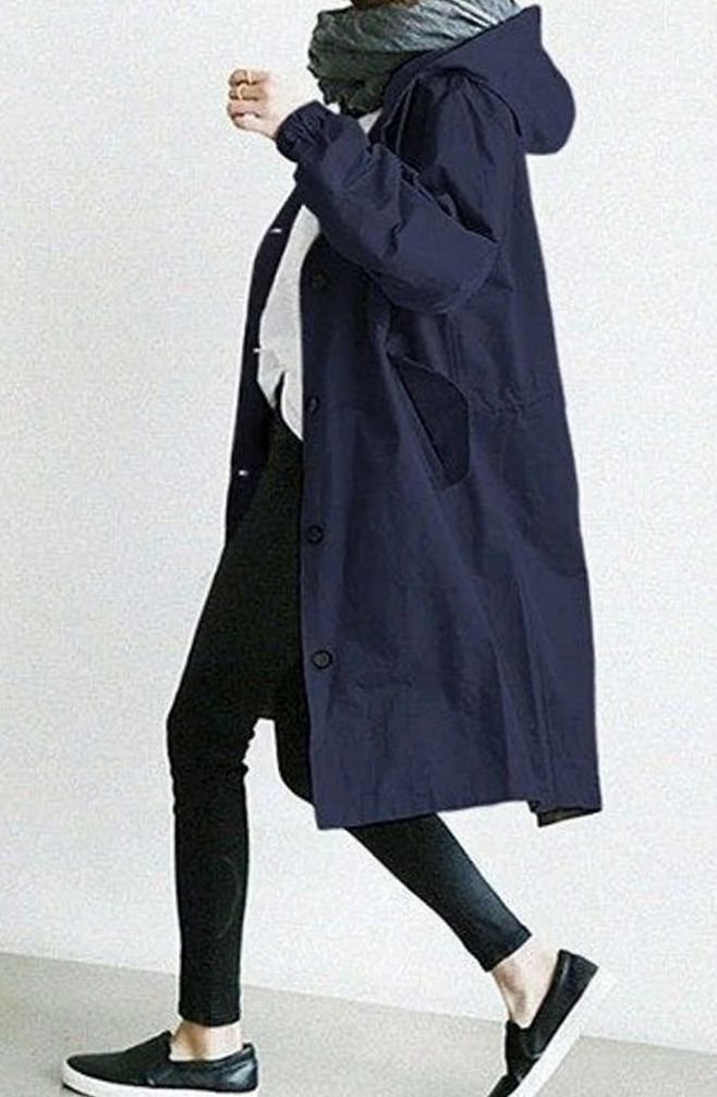 Women's Long Hooded Trench Coat Relaxed Fit - Navy Blue