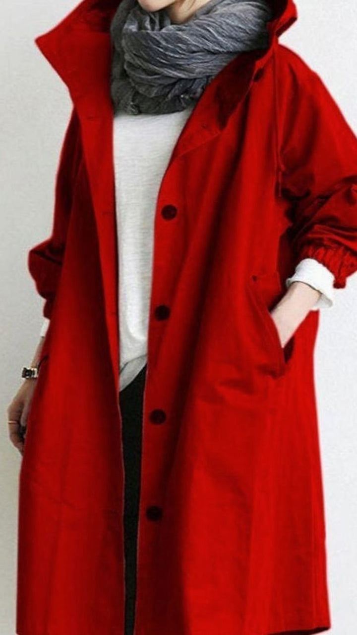 Women's Long Hooded Trench Coat Relaxed Fit - Red