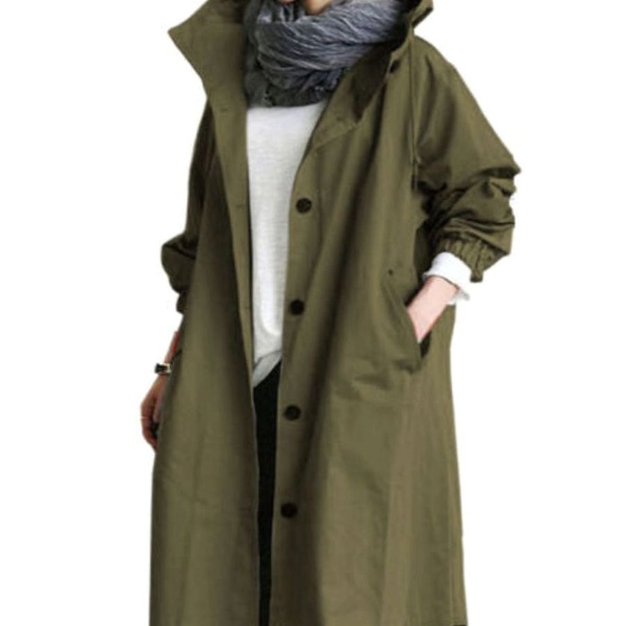 Women's Long Hooded Trench Coat Relaxed Fit - Army Green