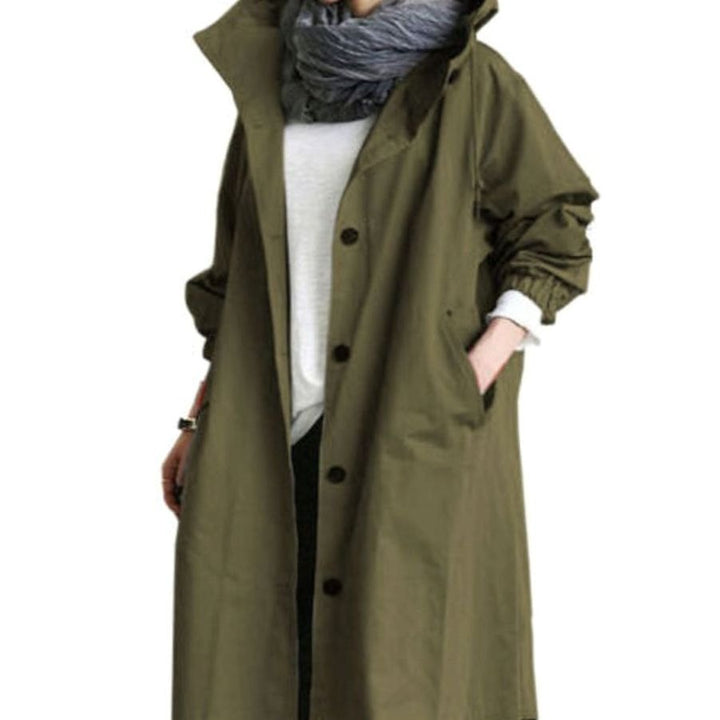 Women's Long Hooded Trench Coat Relaxed Fit - Army Green