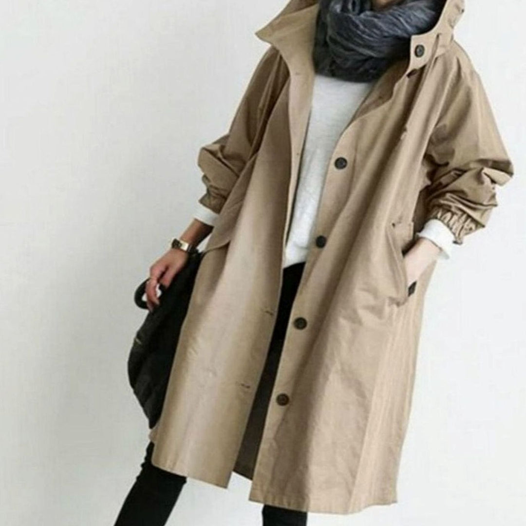 Women's Long Hooded Trench Coat Relaxed Fit - Khaki