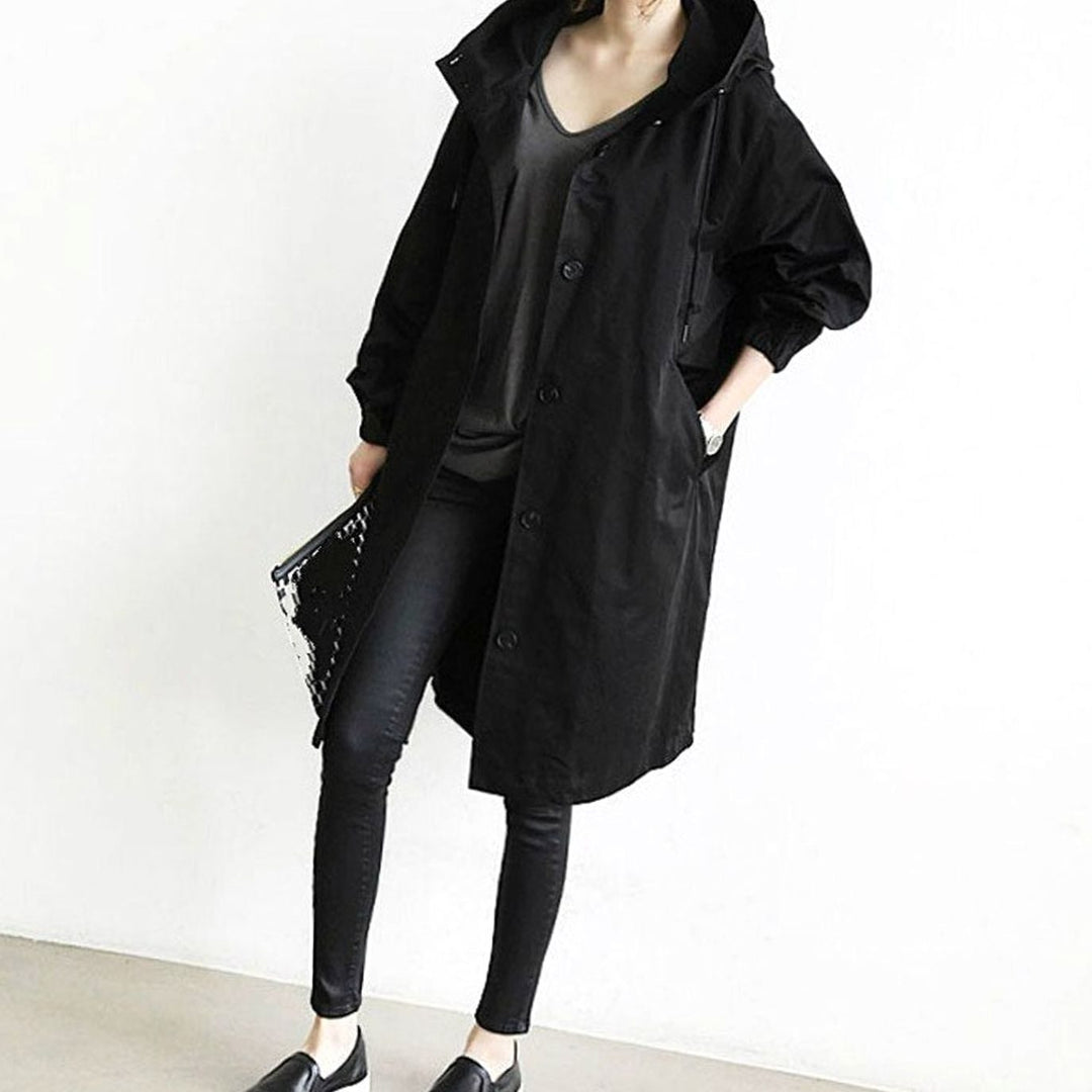 Women's Long Hooded Trench Coat Relaxed Fit - Black