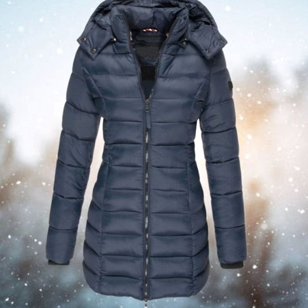 Women's Long Quilted Hooded Puffer Winter Coat - Navy Blue