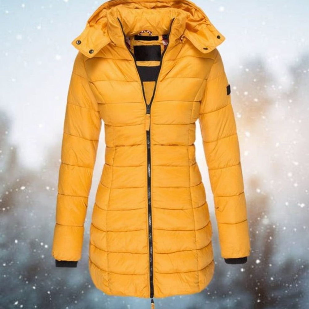 Women's Long Quilted Hooded Puffer Winter Coat - Yellow