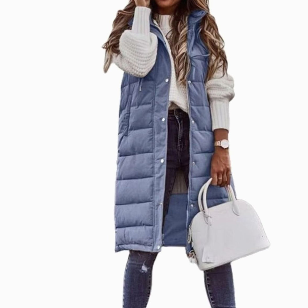 Women's Long Quilted Sleeveless Puffer Gilet Hooded Vest Coat - Blue